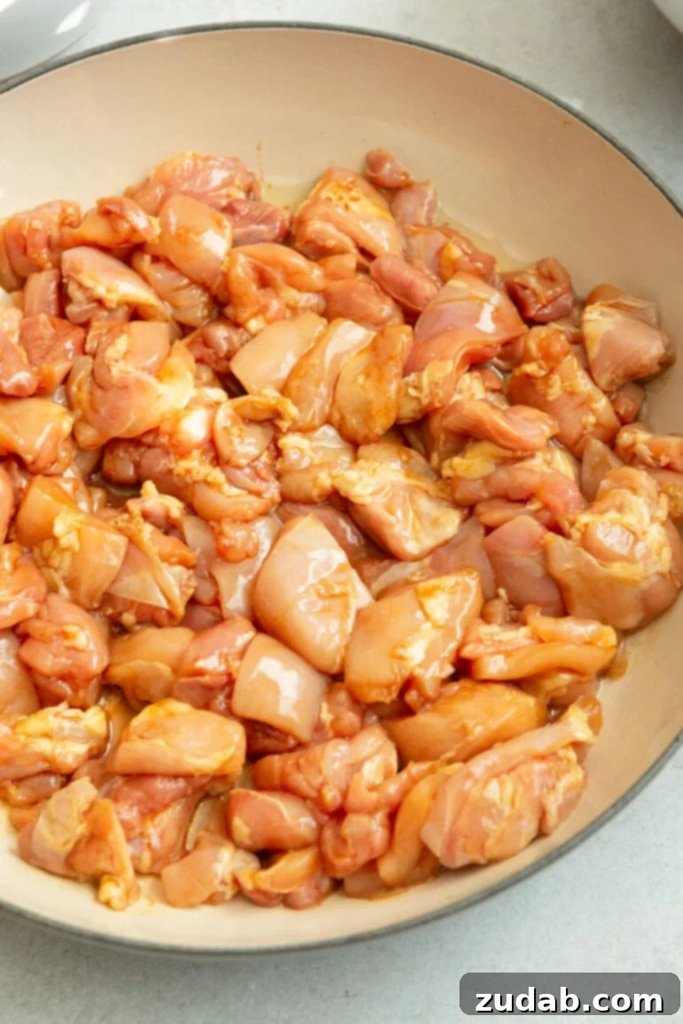 Irresistible Peanut Butter Chicken 6 a photo of a bowl full of uncooked chicken thigh chunks marinating in soy sauce.