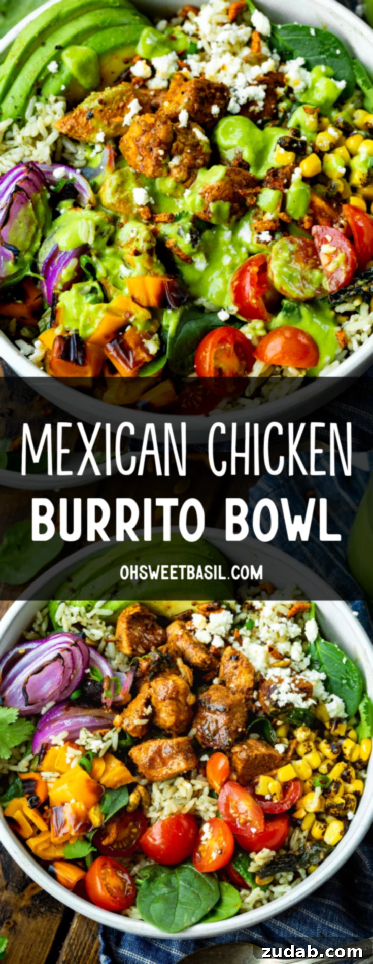Fiesta Chicken Bowl 8 A stunning top-down view of a Mexican chicken burrito rice bowl, beautifully garnished with bright halved cherry tomatoes, golden charred corn kernels, crisp red onion, creamy avocado slices, a generous scattering of crumbled queso fresco, and succulent seasoned chicken chunks.