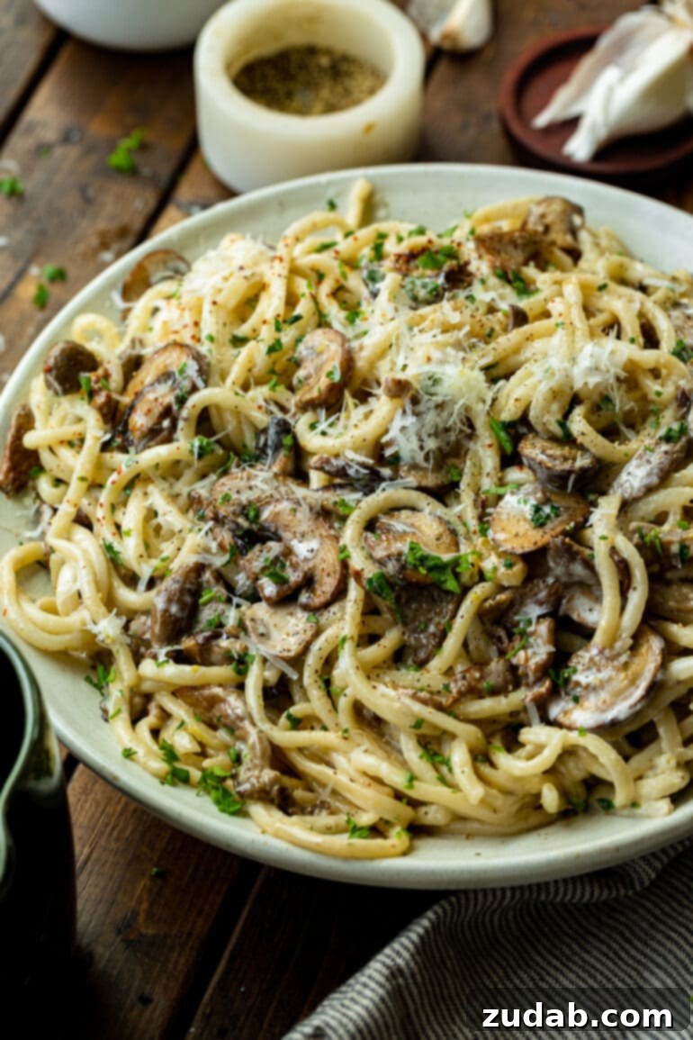 Velvety Creamy Mushroom Pasta 2 a photo of creamy bucatini pasta tossed with golden caramelized mushrooms and topped with grated parmesan.