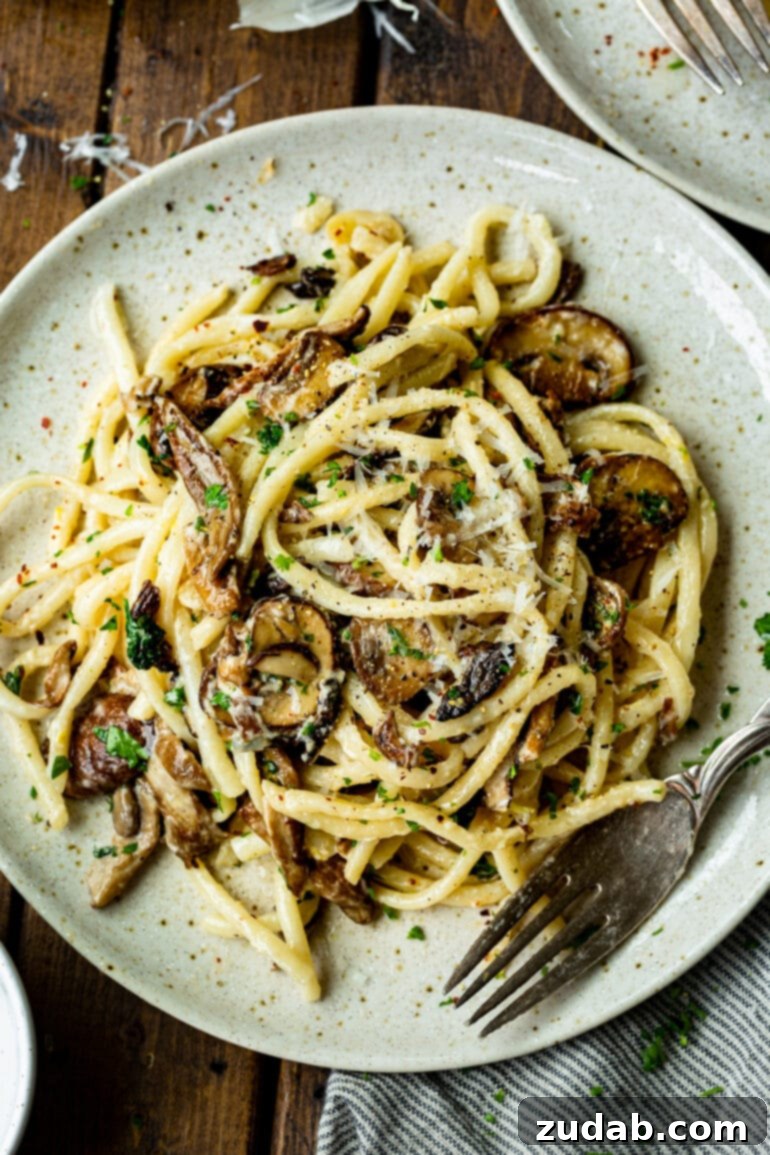 Velvety Creamy Mushroom Pasta 6 a photo of a plate full of a serving of creamy mushroom pasta topped with shaved parmesan.