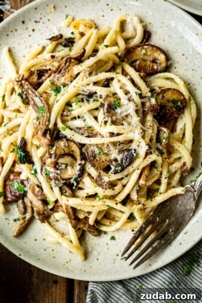 Velvety Creamy Mushroom Pasta 7 a photo of a plate full of creamy mushroom pasta topped with shaved parmesan and loaded with caramelized mushrooms.