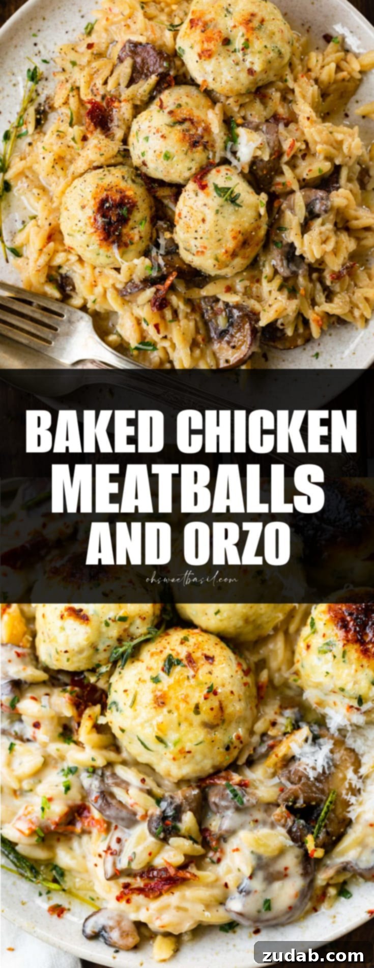 Golden Baked Chicken Meatballs and Orzo 10 A close-up photo of golden baked chicken meatballs topped with fresh herbs, resting on a bed of creamy mushroom orzo, ready to be enjoyed.
