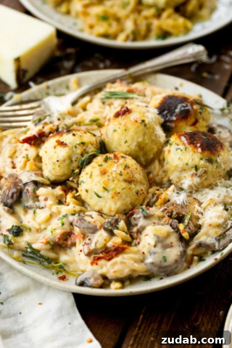 Golden Baked Chicken Meatballs and Orzo 3 A photo of a plate of creamy mushroom orzo topped with baked chicken meatballs and chopped fried herbs, ready to be enjoyed.
