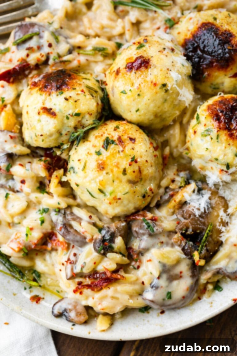 Golden Baked Chicken Meatballs and Orzo 5 A close-up photo of golden baked chicken meatballs topped with fresh herbs, resting on a bed of creamy mushroom orzo.