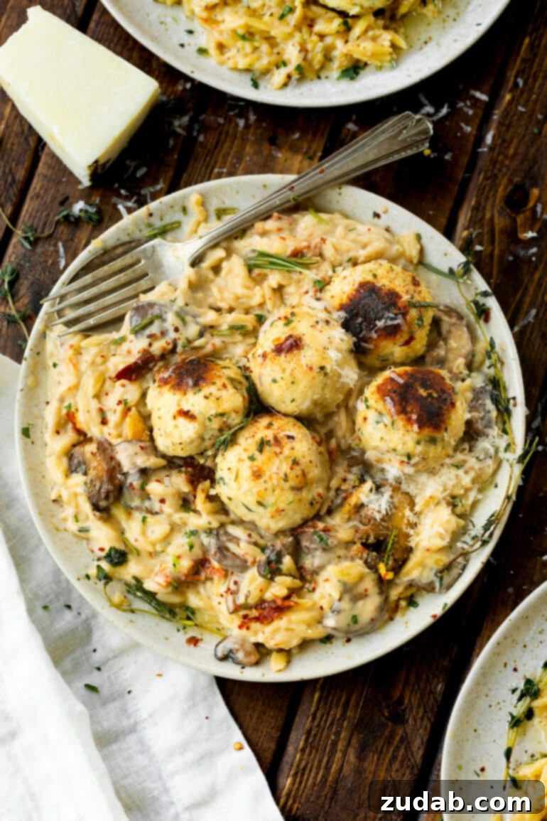 Golden Baked Chicken Meatballs and Orzo 6 A photo taken from above, showcasing a plate of creamy mushroom orzo topped with baked chicken meatballs, ready for serving.