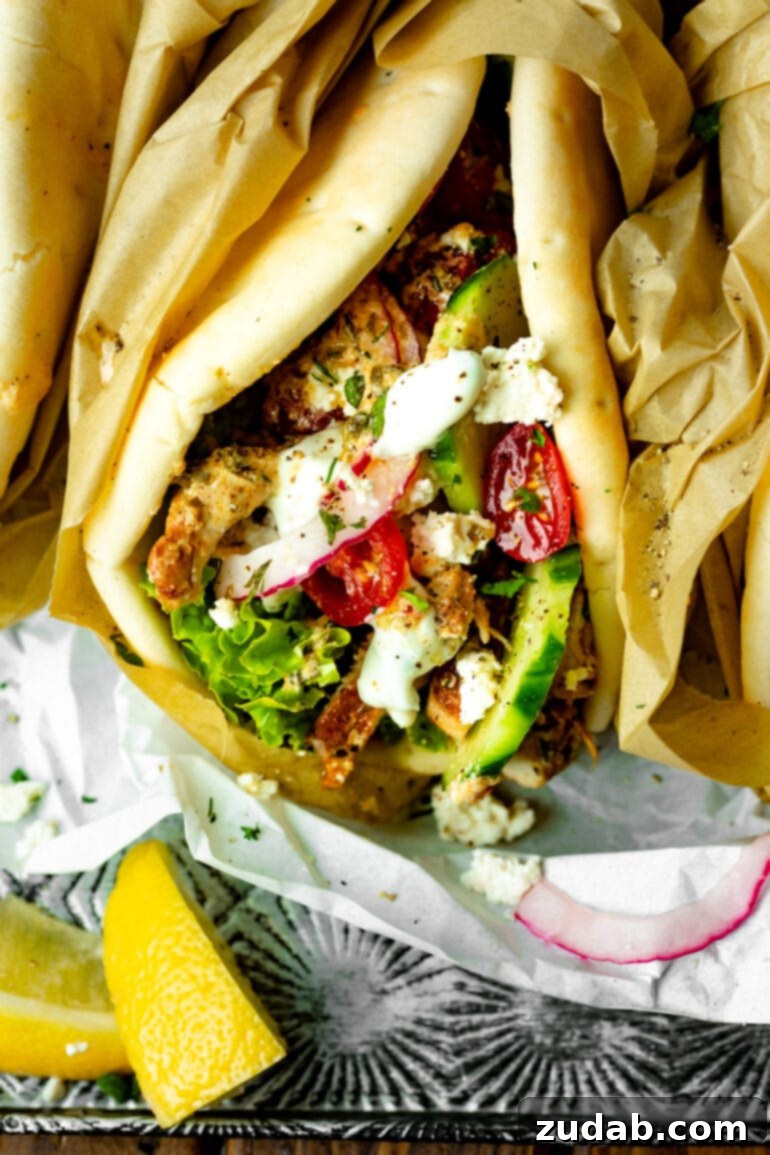 Cades Signature Chicken Gyros 2 A close-up photo of a fully assembled chicken gyro on soft pita bread, generously topped with sliced cucumbers, ripe tomatoes, thinly sliced red onions, crumbled feta cheese, and a swirl of creamy tzatziki sauce. The chicken peeks out, showcasing its golden-brown, marinated perfection.