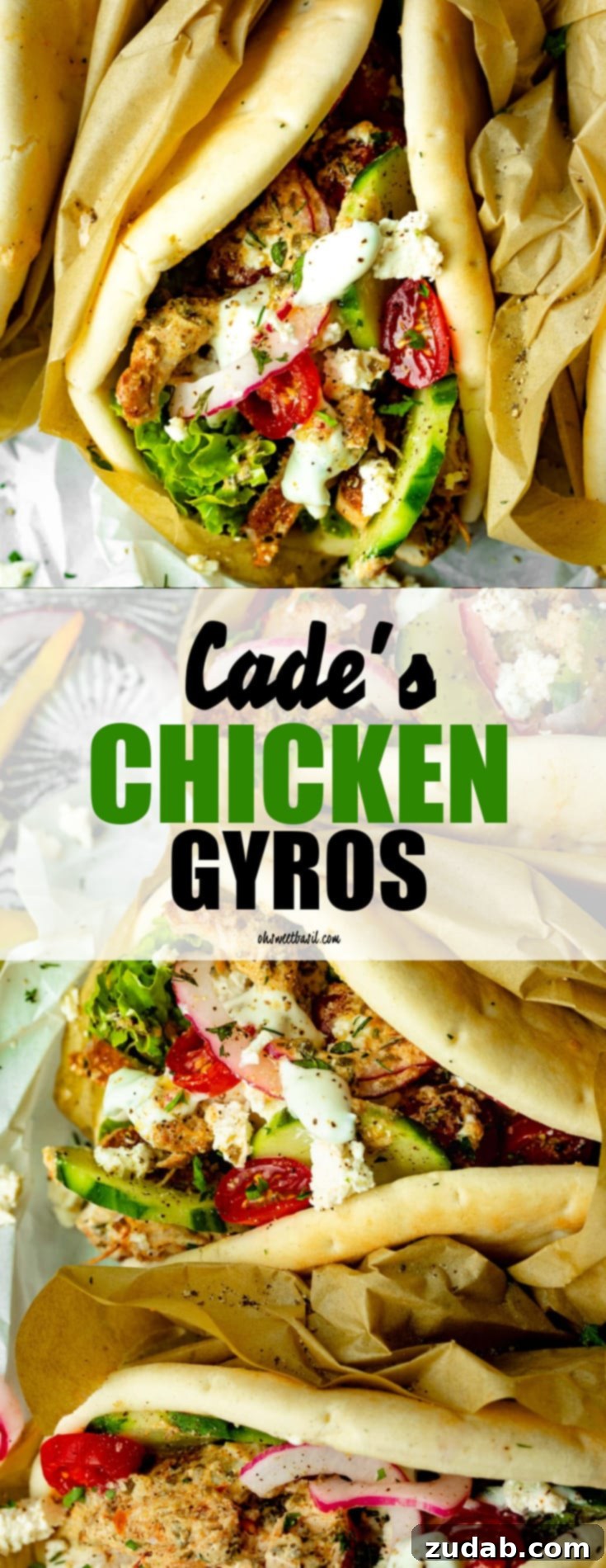 Cades Signature Chicken Gyros 11 A close-up of a chicken gyro, expertly wrapped in soft pita bread. It's filled generously with tender chicken, crisp cucumbers, ripe tomatoes, and fresh red onions, all draped in creamy tzatziki sauce.