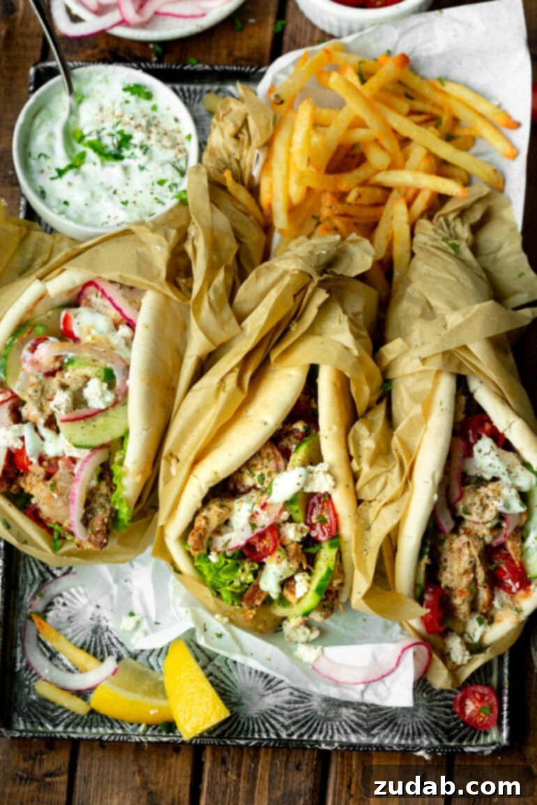 Cades Signature Chicken Gyros 3 A vibrant photo showcasing several delicious chicken gyros, partially wrapped in parchment paper, served alongside a pile of golden, crispy fries and a small cup of rich, white tzatziki sauce. The scene captures a perfect, hearty meal.