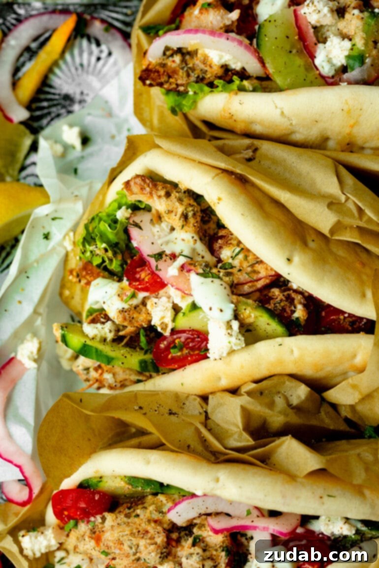 Cades Signature Chicken Gyros 7 A perfectly assembled chicken gyro, tightly wrapped in soft pita bread, revealing layers of juicy, seasoned chicken, fresh slices of cucumber, vibrant red onions, ripe tomatoes, crisp lettuce, and generous dollops of creamy tzatziki and crumbled feta cheese.