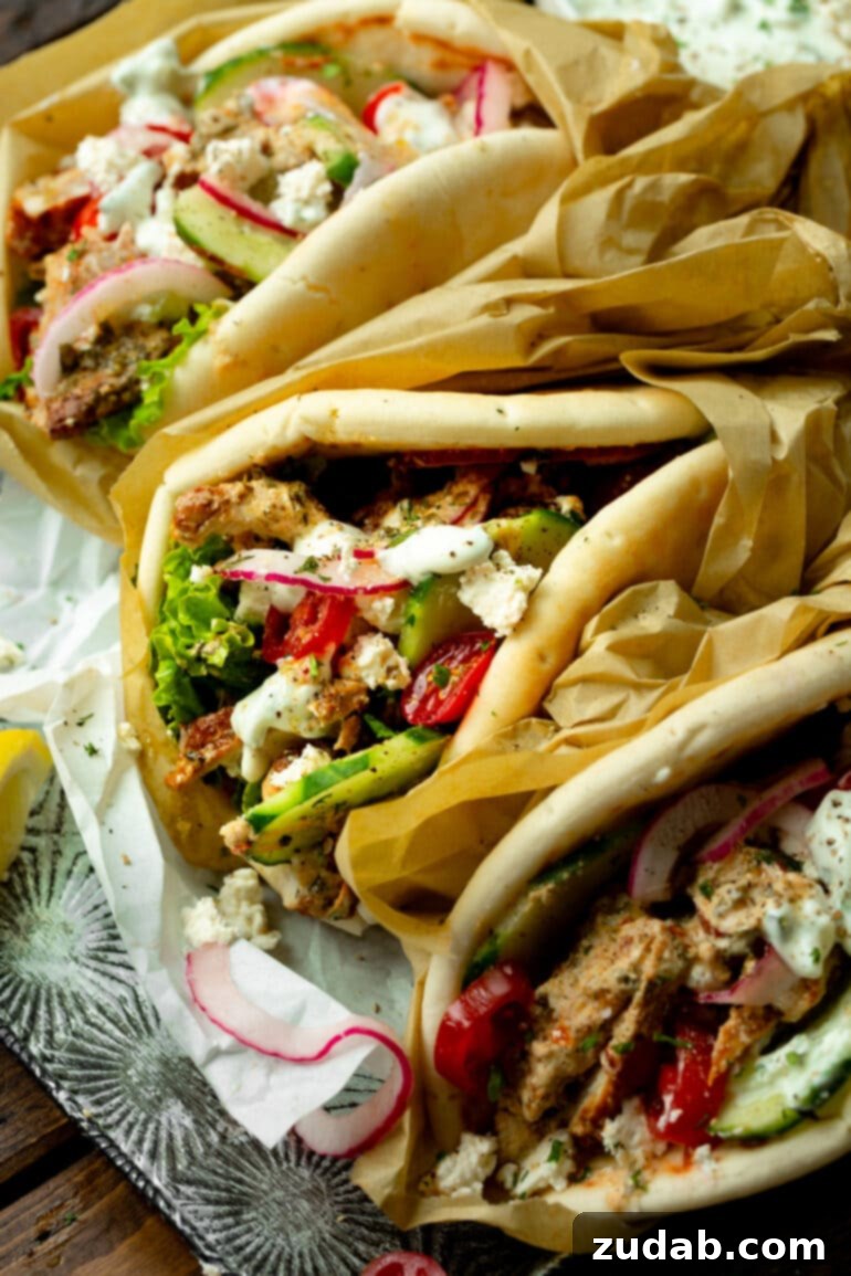 Cades Signature Chicken Gyros 9 A mouth-watering display of several fully assembled chicken gyros, generously packed with seasoned chicken, fresh cucumber slices, crisp red onions, and juicy tomatoes, all beautifully crowned with crumbled feta cheese and a luscious swirl of creamy tzatziki sauce.