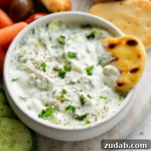 The Perfect Homemade Tzatziki 6 A vibrant bowl of homemade Greek Tzatziki sauce, capturing its creamy texture and fresh ingredients, ready to be served as a delightful dip.