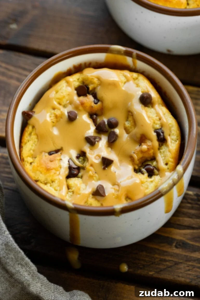 A mouth-watering photo of a freshly baked oatmeal mug cake. The top is generously adorned with glistening mini chocolate chips and a decadent drizzle of warm, melted peanut butter, emphasizing the rich flavors.