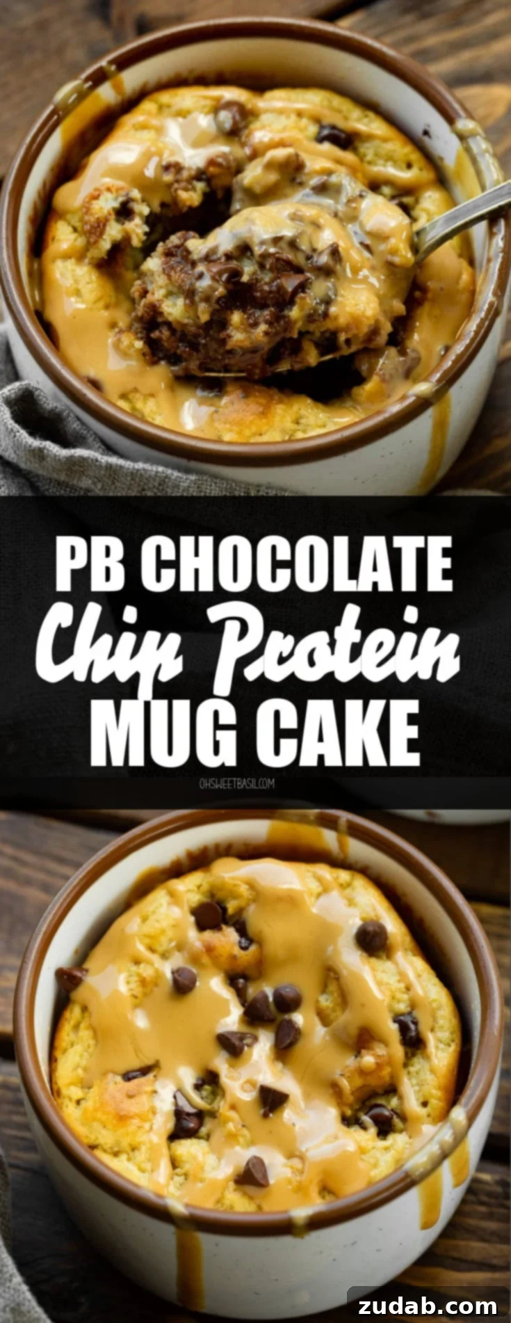 A high-angle photo capturing a spoonful being removed from the center of a baked oatmeal mug cake. The cake is garnished with mini chocolate chips and a luscious drizzle of hot peanut butter, emphasizing its rich texture and tempting appeal.