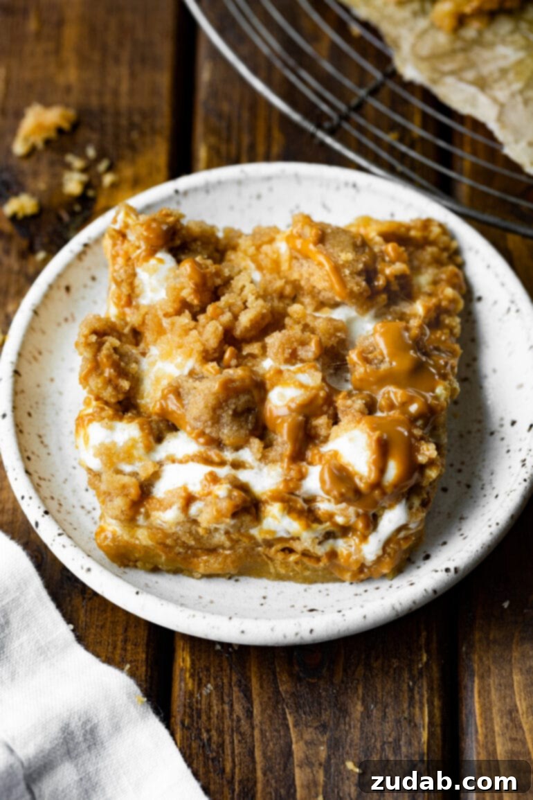 Ultimate Gooey Biscoff Crumb Bars 4 A photo of a single Biscoff crumb bar elegantly placed on a small dessert plate. It features a delectable topping of melted marshmallow, a crunchy crumb, and a delicate drizzle of Biscoff spread.
