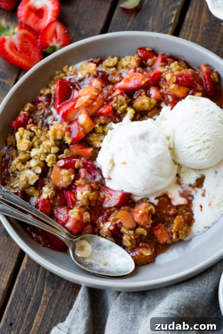 Golden Strawberry Rhubarb Crisp 2 A photo of a serving of strawberry rhubarb crisp with a crunchy oat topping, adorned with two scoops of melting vanilla ice cream, capturing the essence of a perfect summer dessert.