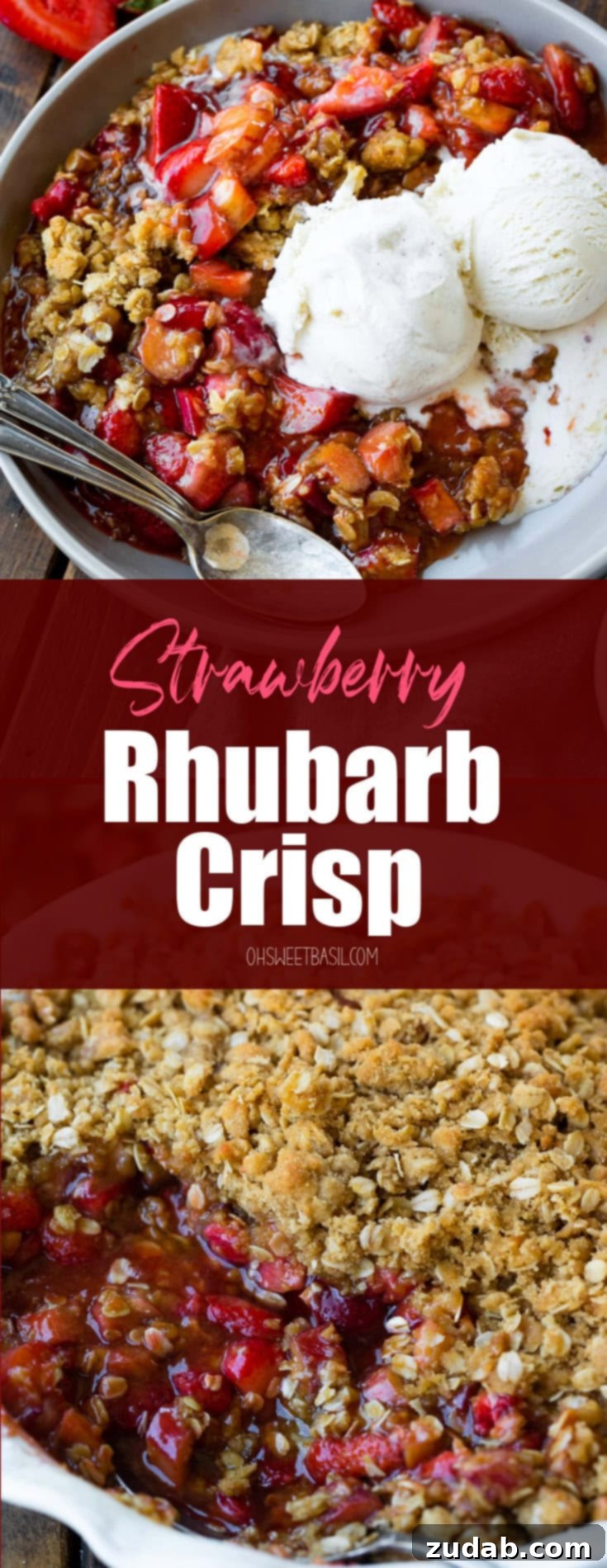 Golden Strawberry Rhubarb Crisp 10 A high-angle shot of a baked strawberry rhubarb crisp in a rustic white dish, showcasing its golden, crumbly topping and vibrant fruit filling, ready to be enjoyed.