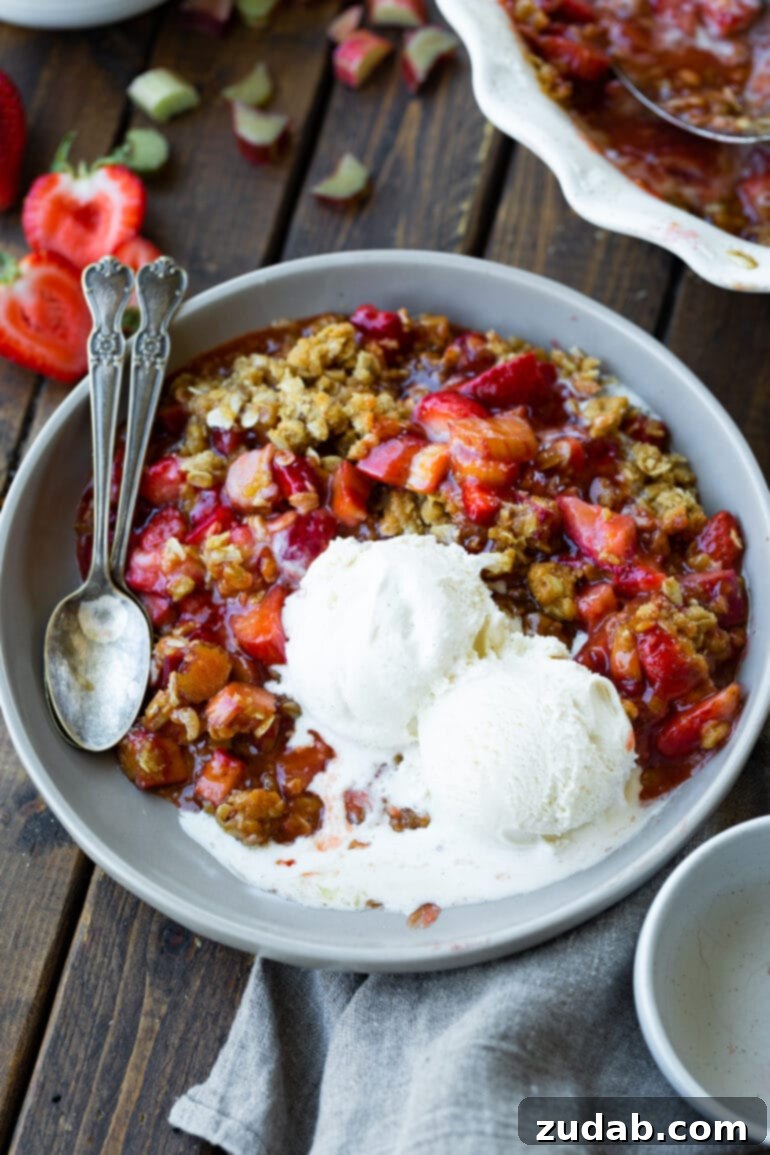 Golden Strawberry Rhubarb Crisp 6 A close-up photo of a serving of strawberry rhubarb crisp, generously topped with two scoops of melting vanilla ice cream, promising a decadent experience.