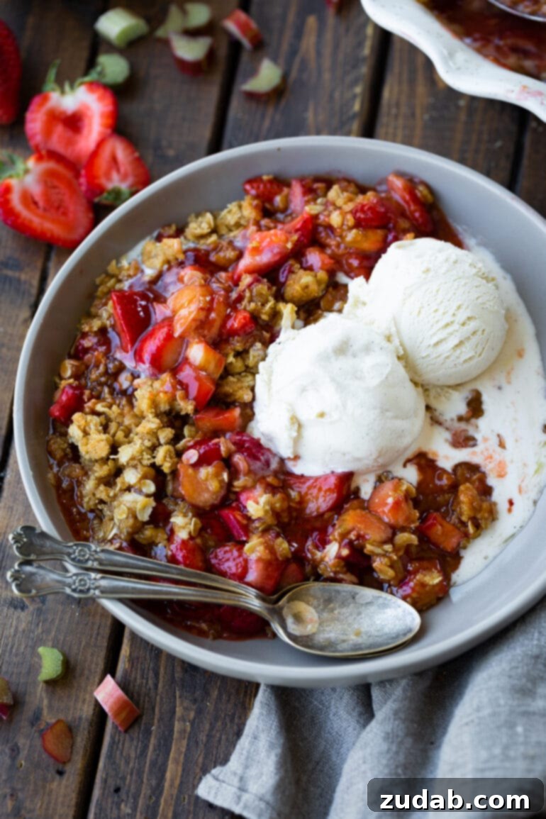 Golden Strawberry Rhubarb Crisp 8 A photo of a serving of strawberry rhubarb crisp in a bowl, crowned with two generous scoops of melting vanilla ice cream, a truly comforting dessert.