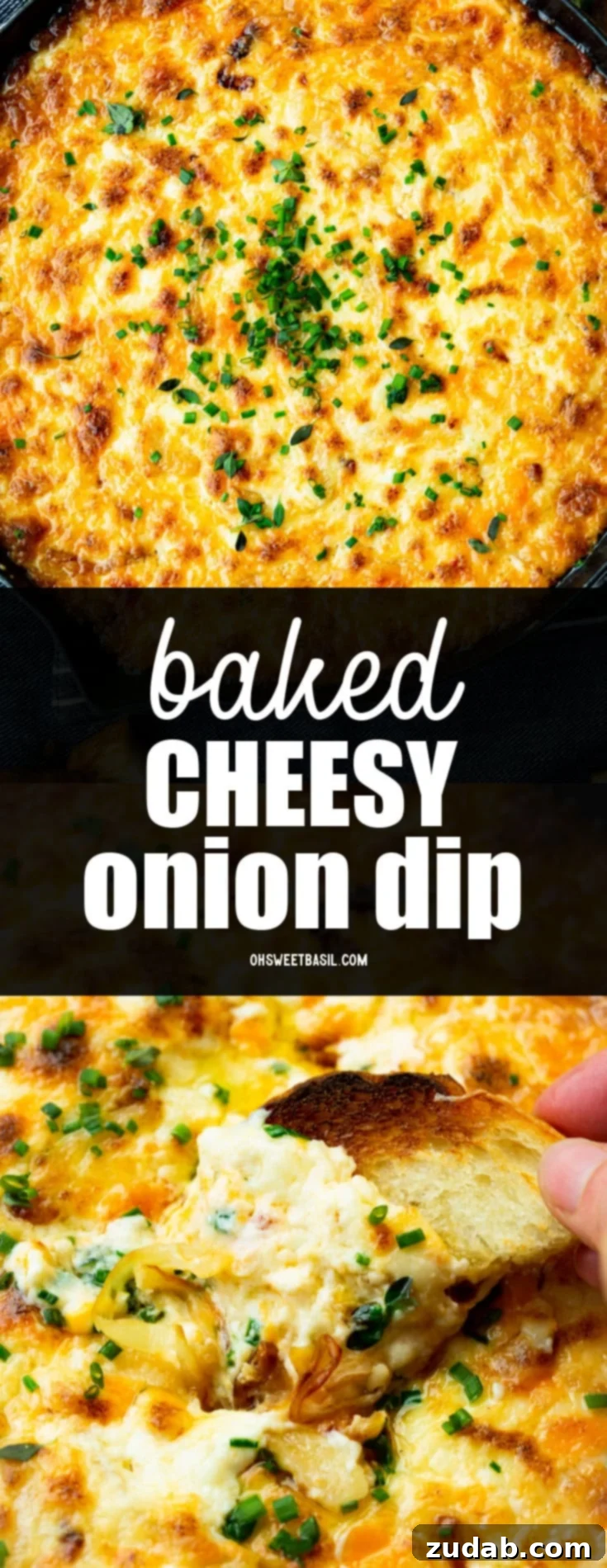Golden Gooey Onion Cheese Dip 10 A photo of someone scooping cheesy onion dip up with a toasted piece of bread.