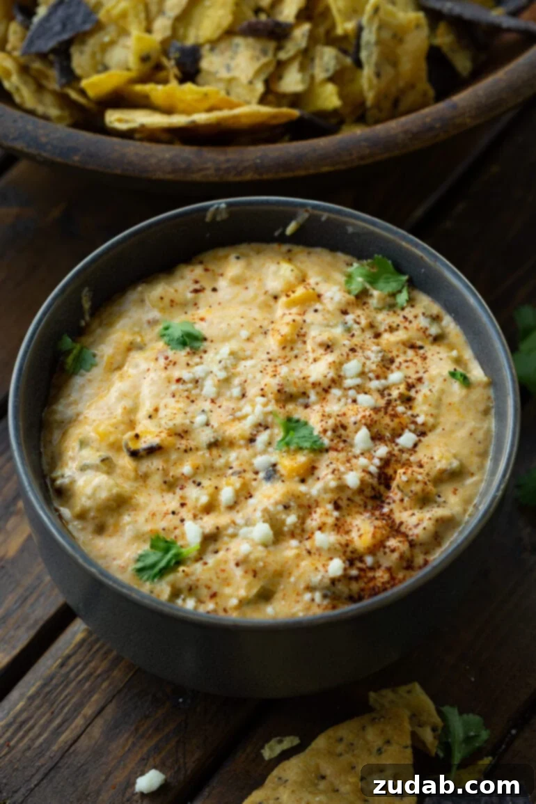 Creamy Slow Cooker Elote Dip 6 a photo of a large dark gray serving bowl full of creamy mexican street corn dip topped with green onions, cotija cheese and sprinkled chili powder.