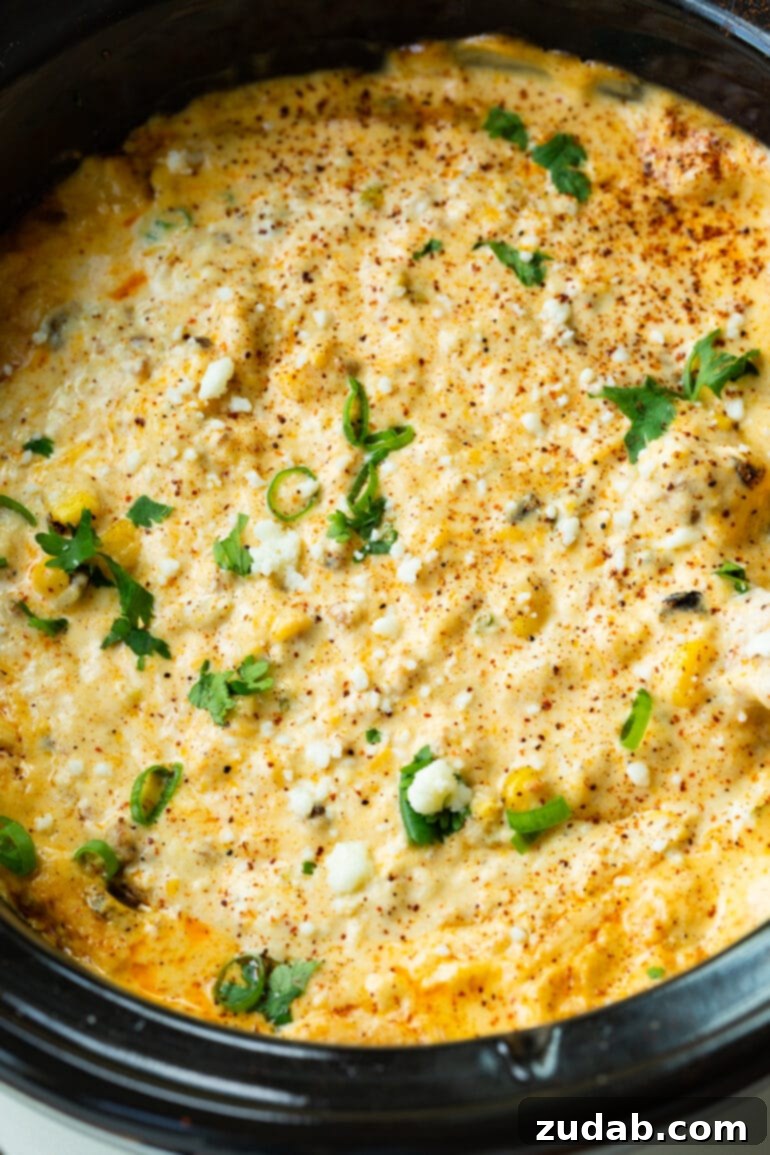Creamy Slow Cooker Elote Dip 7 a close up photo of hot, creamy mexican street corn dip.