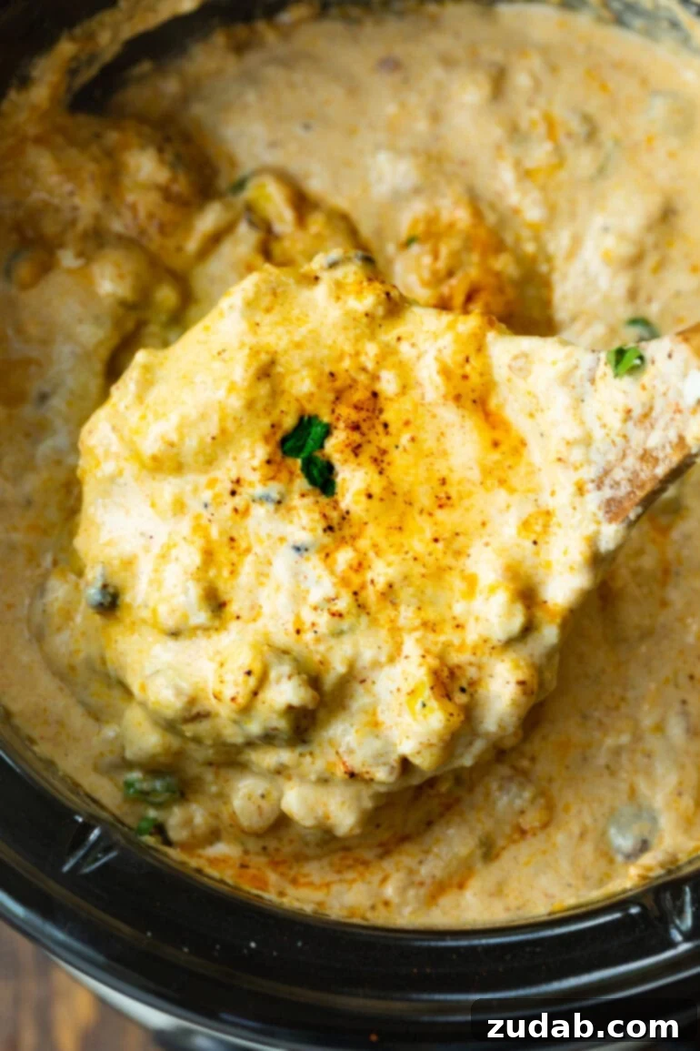 Creamy Slow Cooker Elote Dip 9 a photo of a wooden spoon lifting a spoonful of creamy mexican street corn dip out of crock pot full of the dip.