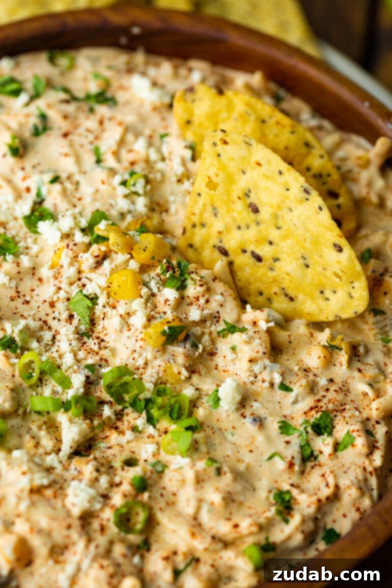 Irresistible Elote Dip 7 A vibrant close-up photo of a corn tortilla perfectly nestled into a bowl of rich Mexican corn dip, garnished with a sprinkle of fresh diced green onions and bright corn kernels.