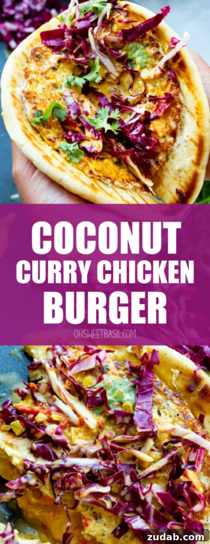a piece of golden pita bread lined with a golden cooked ground chicken patty that is lathered in curry sauce and topped with radicchio and cilantro.