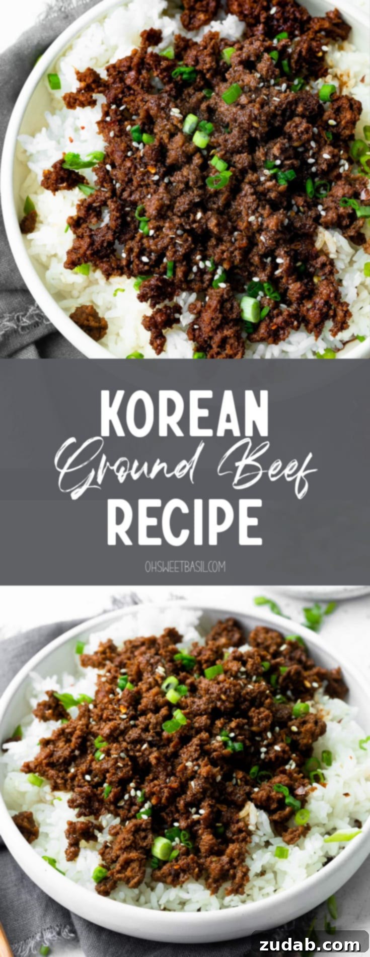 Effortless Korean Ground Beef 7 A large, inviting bowl of perfectly cooked white rice topped with a generous serving of saucy Korean ground beef, garnished with fresh sliced scallions and toasted sesame seeds, ready to be enjoyed.
