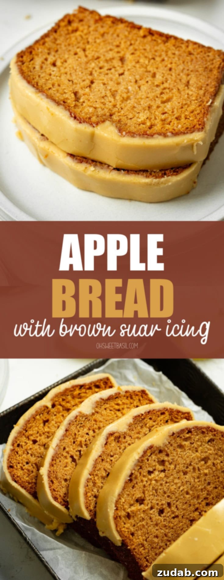 Irresistible Apple Bread with Brown Sugar Glaze 10 a photo of two slices of homemade apple bread stacked on each other topped with brown sugar icing