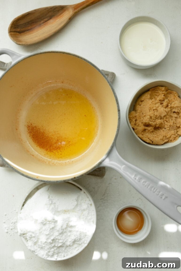 Irresistible Apple Bread with Brown Sugar Glaze 6 a photo of all the ingredients in separate bowls for making brown sugar icing including browned butter, brown sugar, milk, powdered sugar and vanilla.