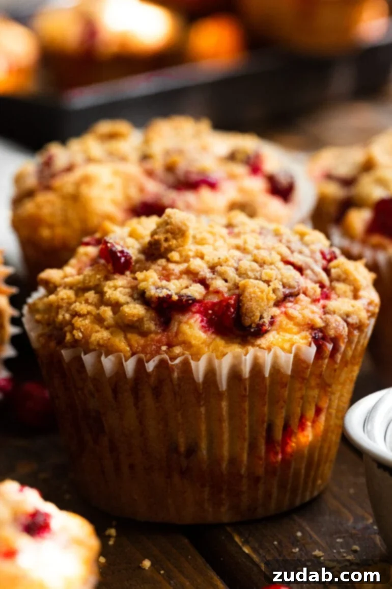 Cranberry Sauce Revival Muffins with Streusel Topping 2 A photo of a cranberry sauce muffin topped with a crumb streusel topping in a white muffin liner, ready to be enjoyed.