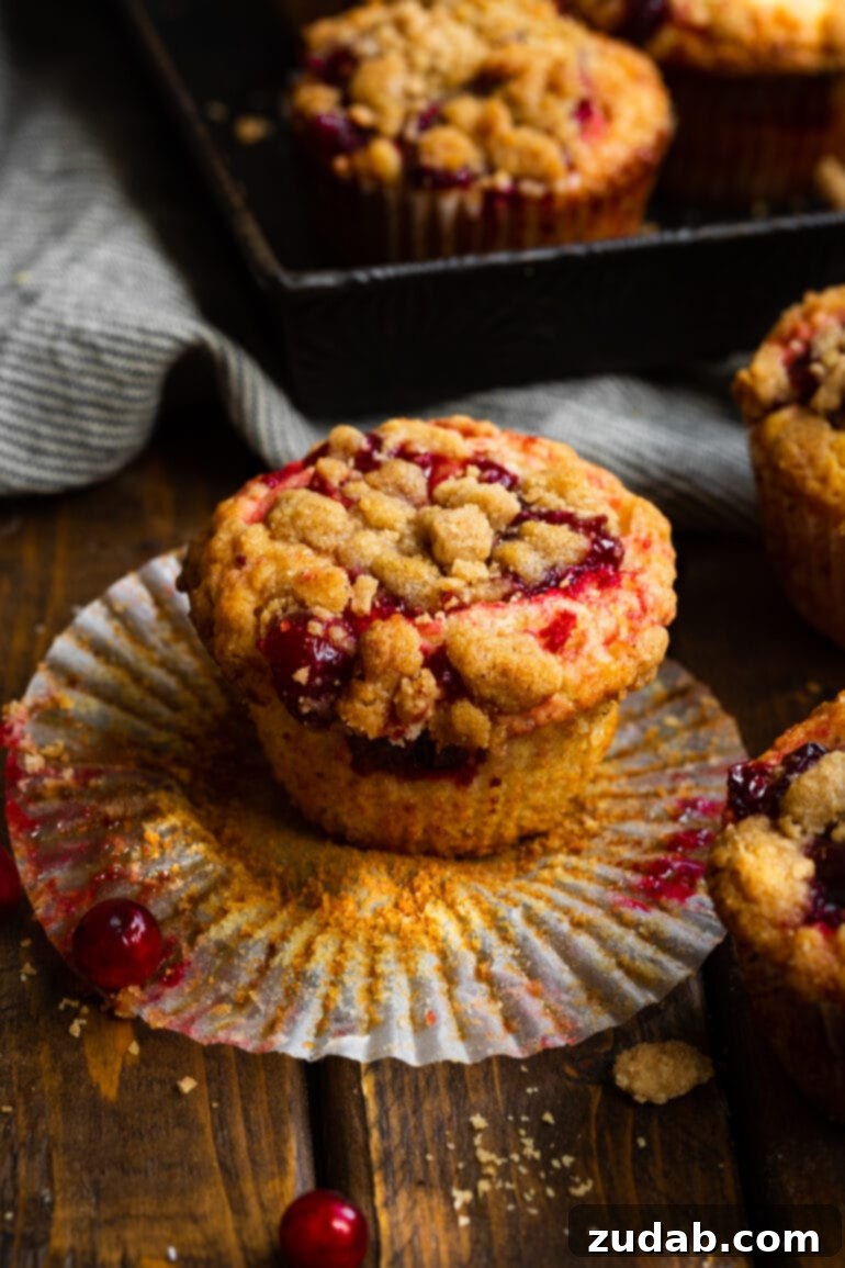Cranberry Sauce Revival Muffins with Streusel Topping 9 A photo of a baked cranberry sauce muffin with the muffin liner pulled off on the sides, sitting next to several other perfectly baked muffins.