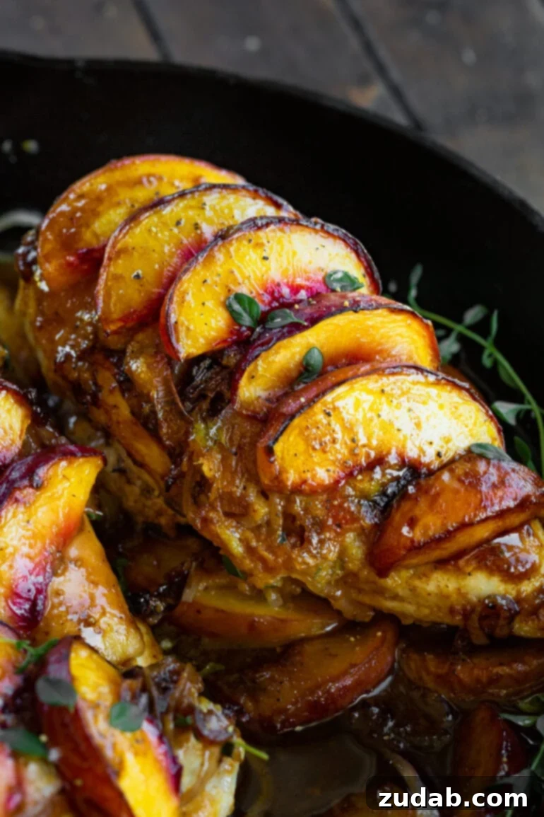 Sun-Drenched Peach Chicken 3 A close-up shot of a golden-brown roasted chicken breast, beautifully topped with tender, glistening peach slices and a hint of fresh thyme.