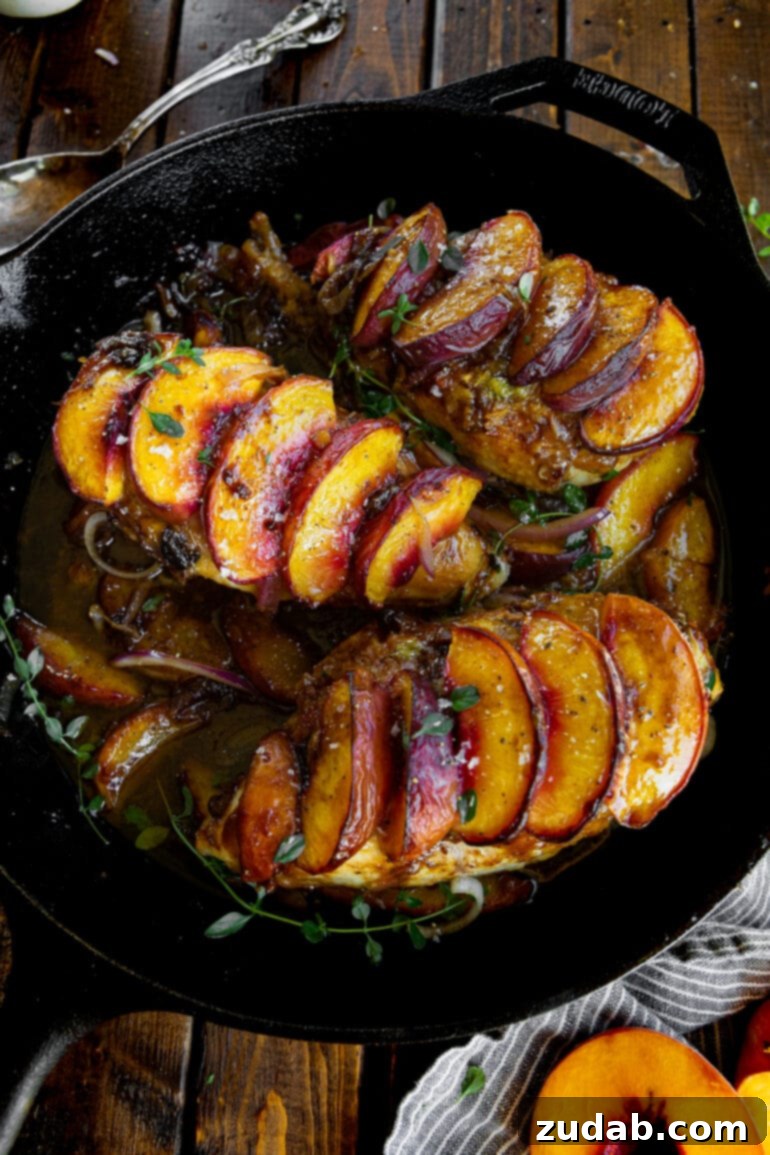 Sun-Drenched Peach Chicken 5 A cast iron skillet filled with three golden-brown, juicy chicken breasts, generously topped with glistening roasted peach slices and swimming in a rich, savory sauce.