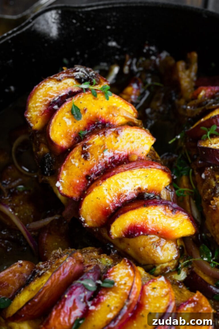 Sun-Drenched Peach Chicken 6 A perfectly golden roasted chicken breast, elegantly topped with tender, caramelized peach slices and a delicate sprig of fresh thyme, highlighting its irresistible appeal.