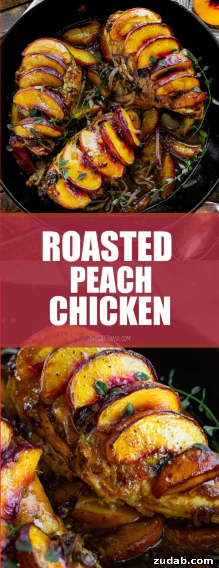 Sun-Drenched Peach Chicken 8 A photo of a large cast iron skillet with three chicken breasts in it each covered in sliced peaches