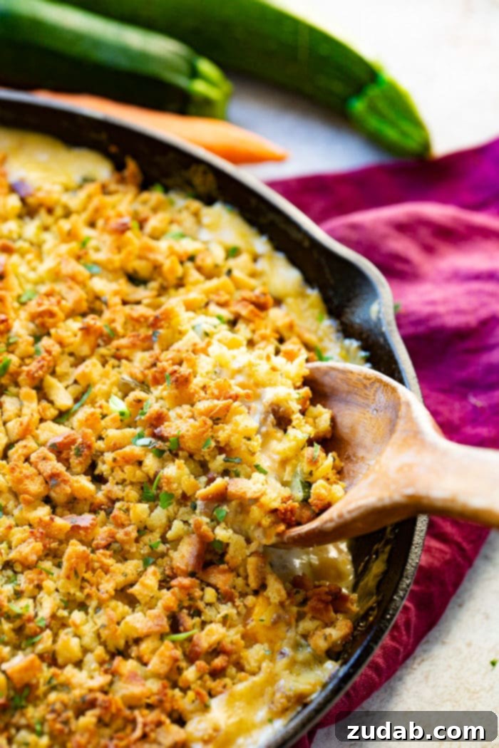 Meals for the Week September 25 October 1 4 A warm, bubbling creamy zucchini and sausage casserole baked in a rustic cast iron skillet, generously topped with golden, crispy stuffing, ready to be served with a wooden spoon. This hearty dish is perfect for using up garden zucchini.
