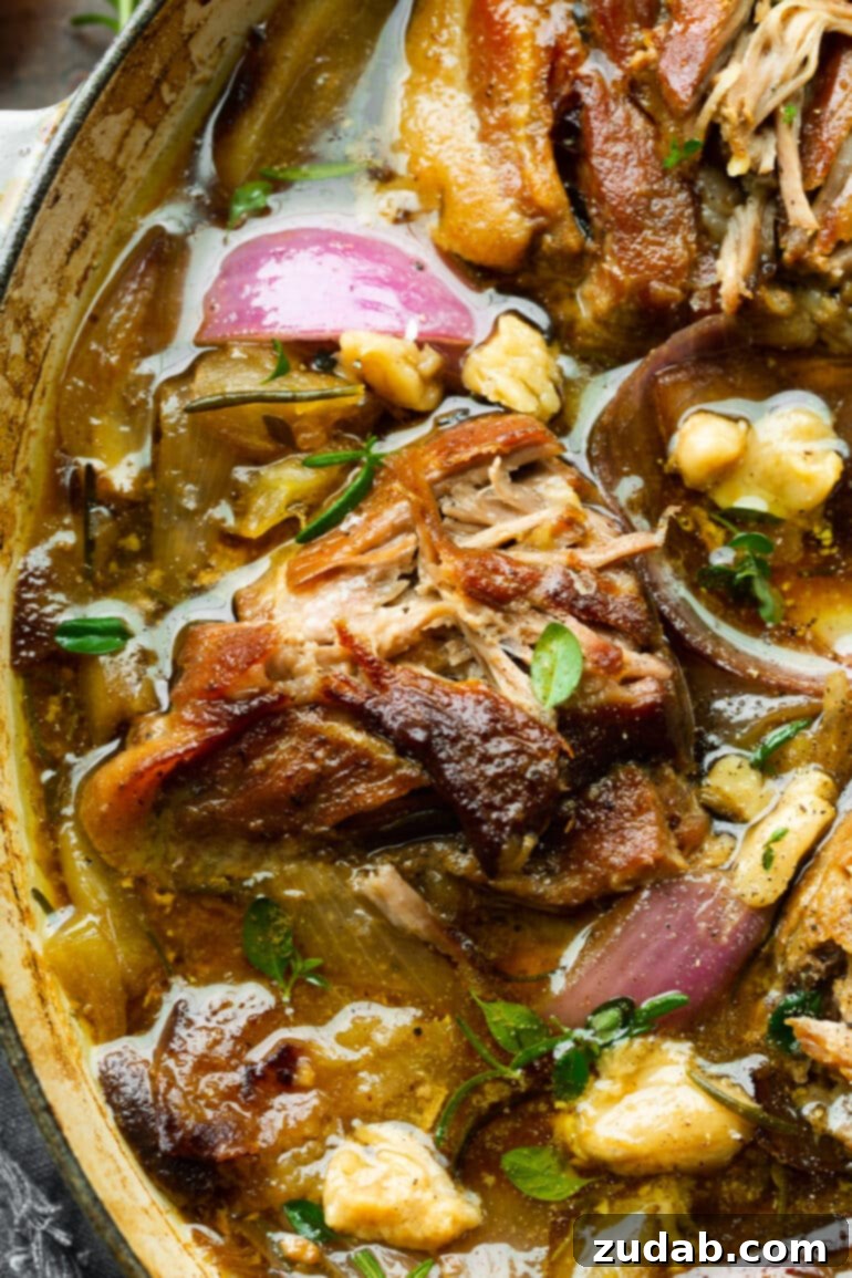 Sweet & Savory Apple Cider Braised Pork 5 a close up photo of a piece of braised pork butt sitting in a rich braising liquid surrounded by large slices of red onion and fresh herbs