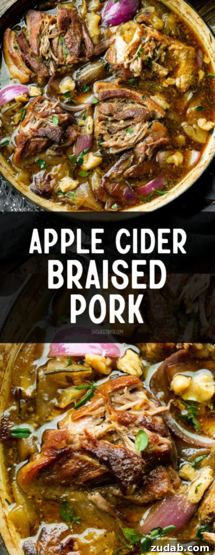 Sweet & Savory Apple Cider Braised Pork 7 a photo of chunks of braised pork butt in a large dutch oven sitting in a rich sauce full of apple slices, onion slices and fresh herbs.