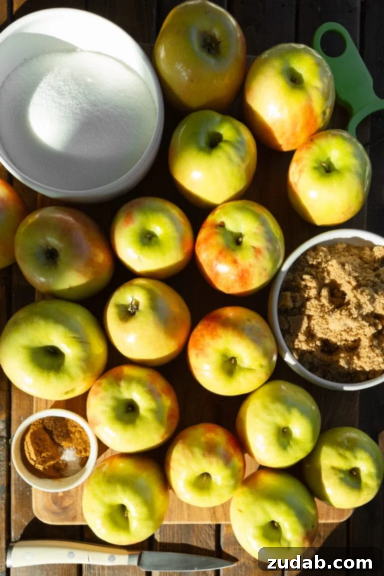 Hands-Off Slow Cooker Apple Butter 3 A selection of whole unpeeled apples on a wooden cutting board, alongside bowls of brown sugar, white granulated sugar, and ground cinnamon.