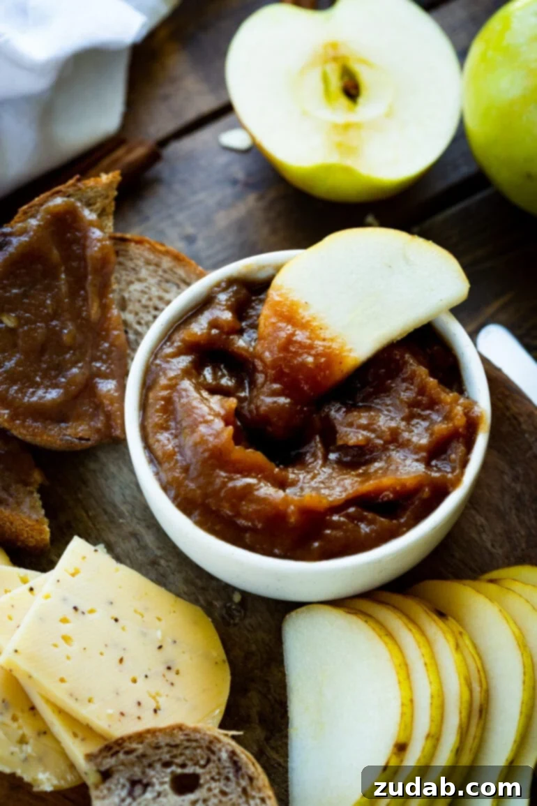 Hands-Off Slow Cooker Apple Butter 5 A small bowl of rich, brown apple butter with a slice of fresh apple dipped into it, highlighting its thick, spreadable consistency.