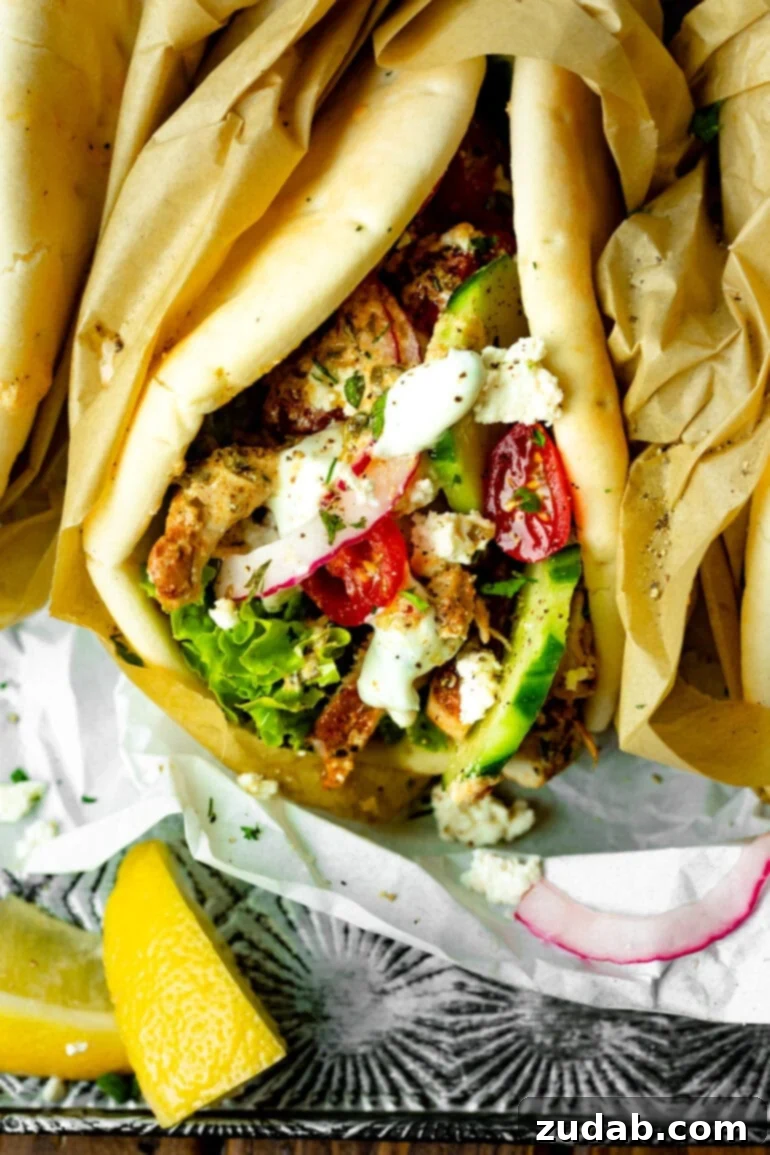 Weekly Meal Plan October 9-15 4 A mouth-watering photo of a homemade chicken gyro nestled in soft pita bread, generously filled with marinated chicken, fresh cucumber, ripe tomatoes, red onions, and a creamy swirl of tzatziki sauce.
