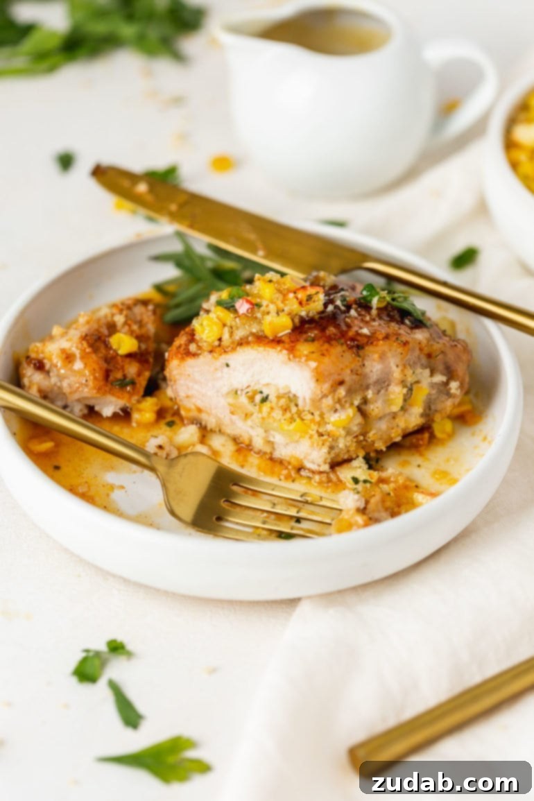 Weekly Meal Plan October 9-15 8 A perfectly cooked stuffed pork chop, artfully sliced to reveal its savory stuffing, resting in a golden sauce on a plate, accompanied by a knife and fork, epitomizing a gourmet Sunday dinner.