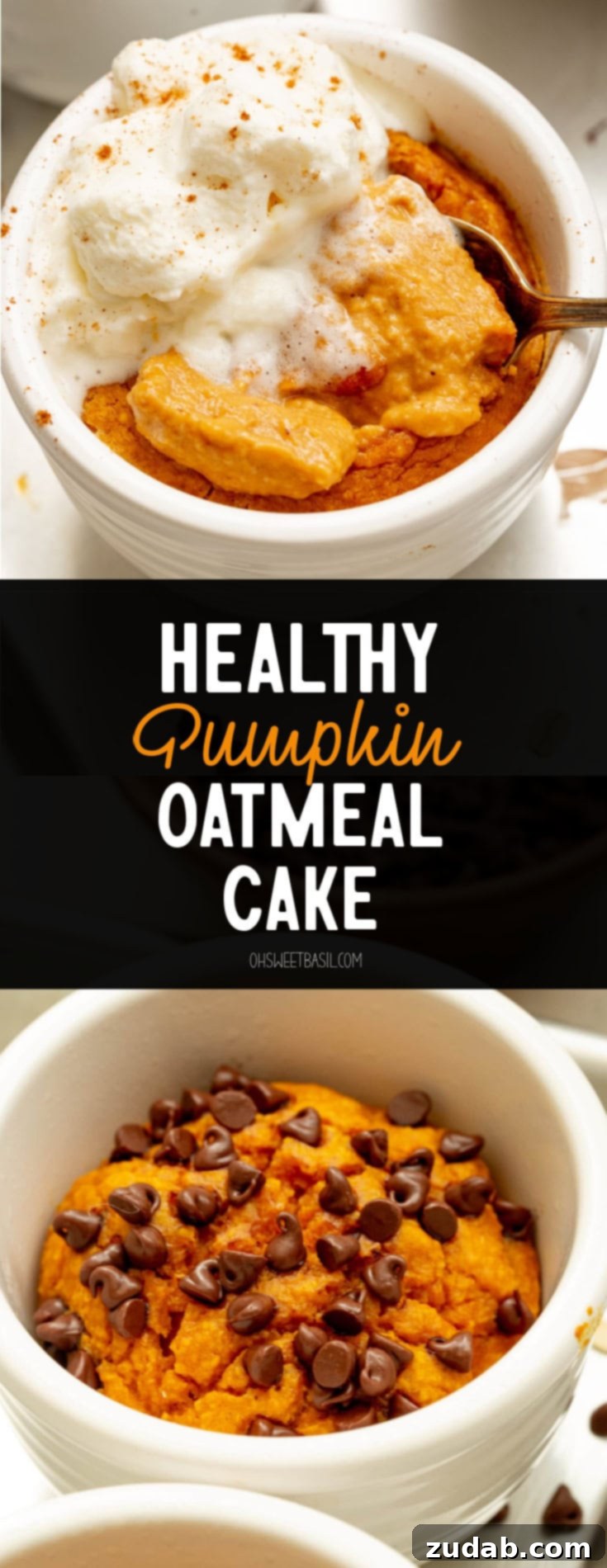 Wholesome Pumpkin Oatmeal Mug Cake 12 A vibrant, close-up photograph of a baked pumpkin mug cake, elegantly topped with a generous sprinkle of mini chocolate chips, capturing its irresistible texture and autumnal appeal.