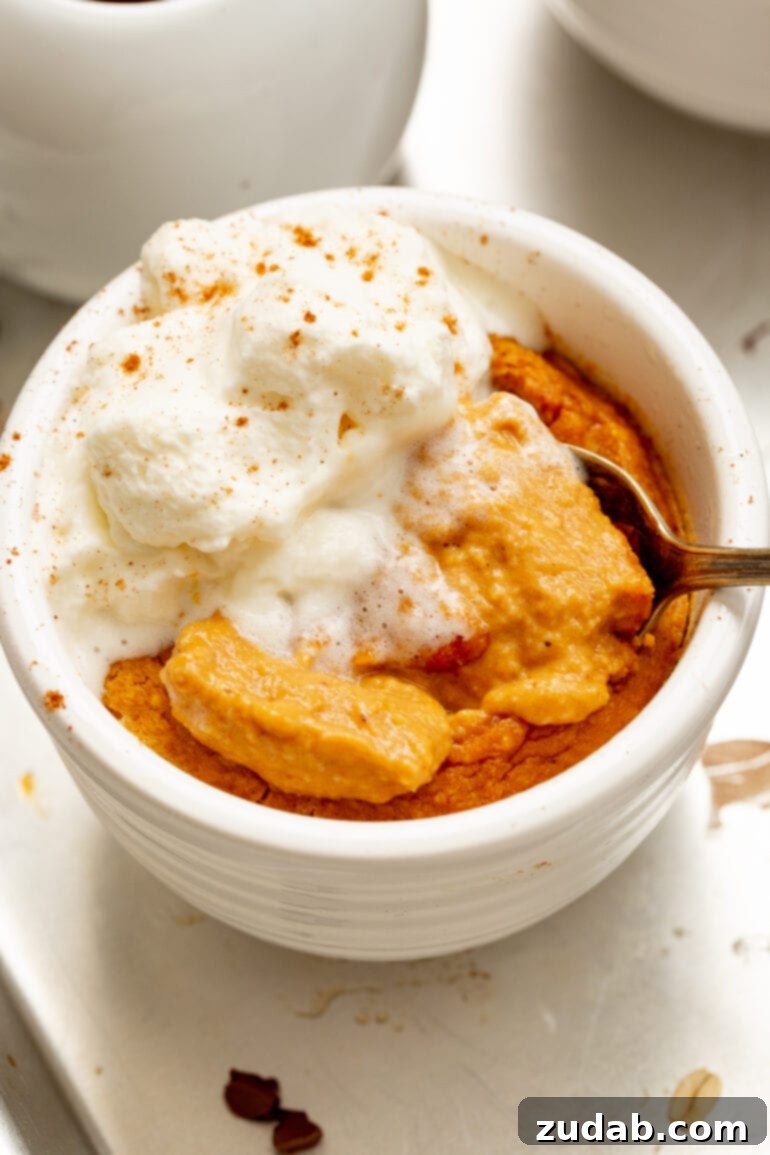 Wholesome Pumpkin Oatmeal Mug Cake 5 A perfectly baked pumpkin pie mug cake, artfully topped with a swirl of whipped cream and a delicate sprinkle of cinnamon, ready for a cozy moment.