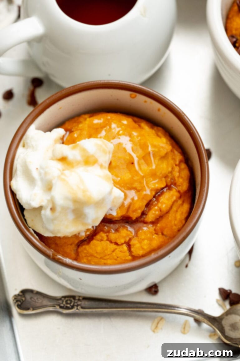 Wholesome Pumpkin Oatmeal Mug Cake 10 A freshly baked pumpkin mug cake, perfectly risen and adorned with a dollop of whipped cream, inviting indulgence in a guilt-free and healthy treat.