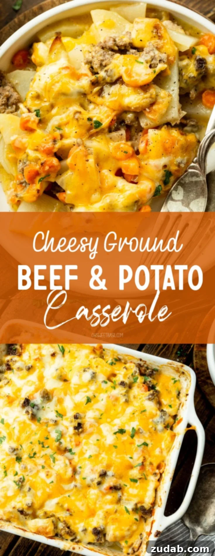 Hearty Cheesy Beef and Potato Bake 9 A high-angle shot of a plate generously piled with cheesy ground beef and potato casserole, with two forks poised nearby, ready for a comforting meal.