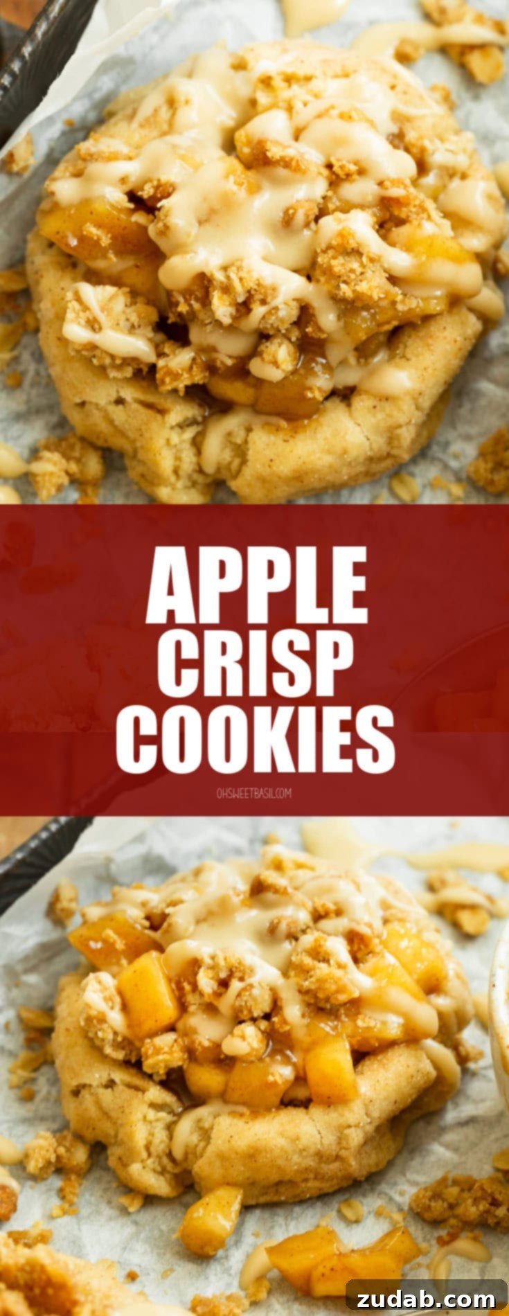A stunning close-up of an apple crisp cookie, revealing its perfectly textured cookie base, luscious apple filling, crunchy oat streusel, and a glistening vanilla glaze. An irresistible fall treat.