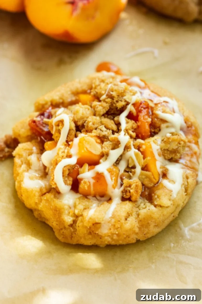 Peach Crisp Cookies 2 a photo of a golden baked cinnamon sugar cookie base filled with juicy peach filling and topped with a crunchy oat topping and a vanilla drizzle
